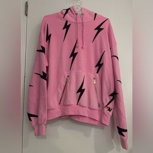 AVIATOR NATION. Neon Pink Lightening Bolt Pullover Zip Pockets